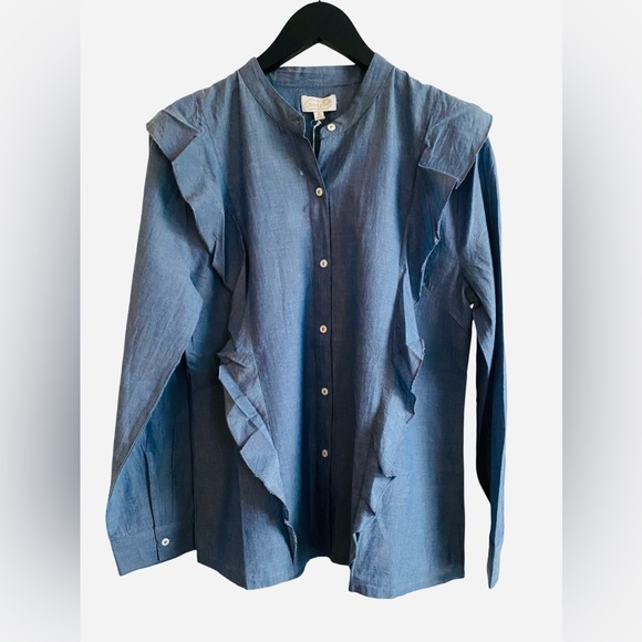 Mud Pie Chambray Blouse Medium Ruffle 100% Cotton Long Sleeve Lightweight Top - Picture 2 of 7